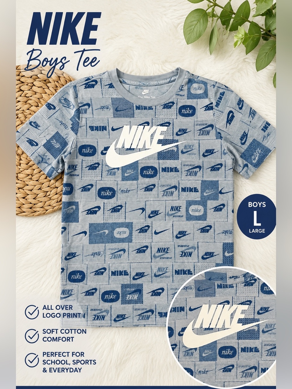 Nike Boys Logo Allover Print Graphic Tee | Blue | Size Large